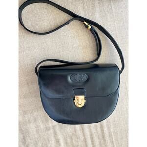 Black Crossbody Faux Leather Saddle Bag w/ Gold Accents & Adjustable Strap